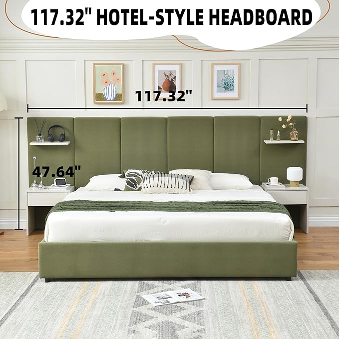 King Bed Frame with Storage & Built-in Nightstands, Velvet Upholstered Platform Bed Frame with Drawers & 2 Floating Storage Shelves, Noise-Free, No Box Spring Needed, Easy Assembly, Green