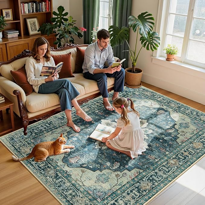 Area Rugs 6'x9' Washable Non-Slip, Floral Vintage Distress Print Pattern Medallion Carpet for Living Room Bedroom Dining Room, Dark Blue Vintage