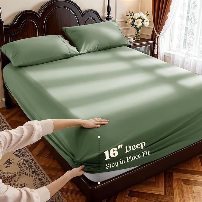 LBRO2M 1000 Thread Count 100% Egyptian Cotton Sheets Set California King Size, 4 Piece Sets Bed Sheet Deep Pocket Sheet Set 16" Soft Comfortable All Season (California King, Olive Green)
