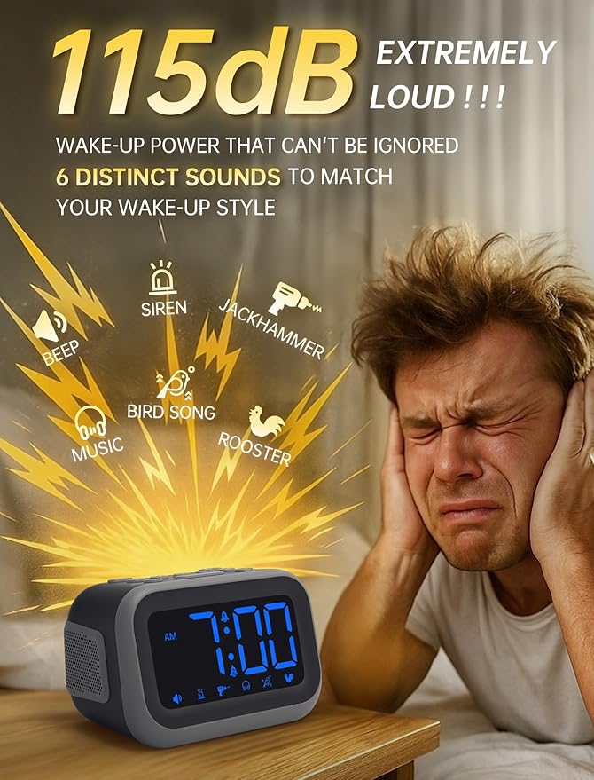 Super Loud Alarm Clock: 115dB Dual Alarms and 6 Alarm Sounds for Heavy Sleepers - Adult Shift Workers in Bedroom or Daily Wake-Up Use - Blue Digits