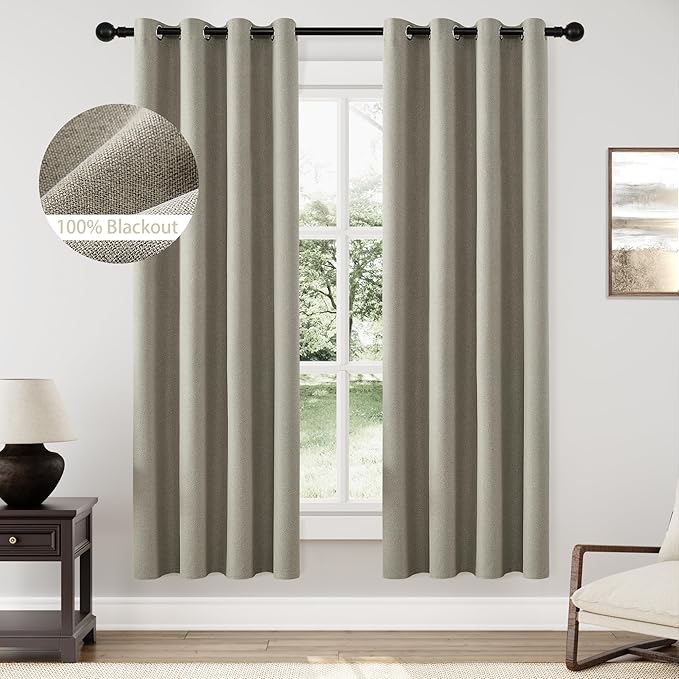 ChrisDowa 100% Blackout Sand Solid Curtains 72 Inches Long 2 Panels for Bedroom Living Room,Farmhouse Room Darkening Thermal Insulated Soundproof Grommet Top Window Treatment Drapes,52x72