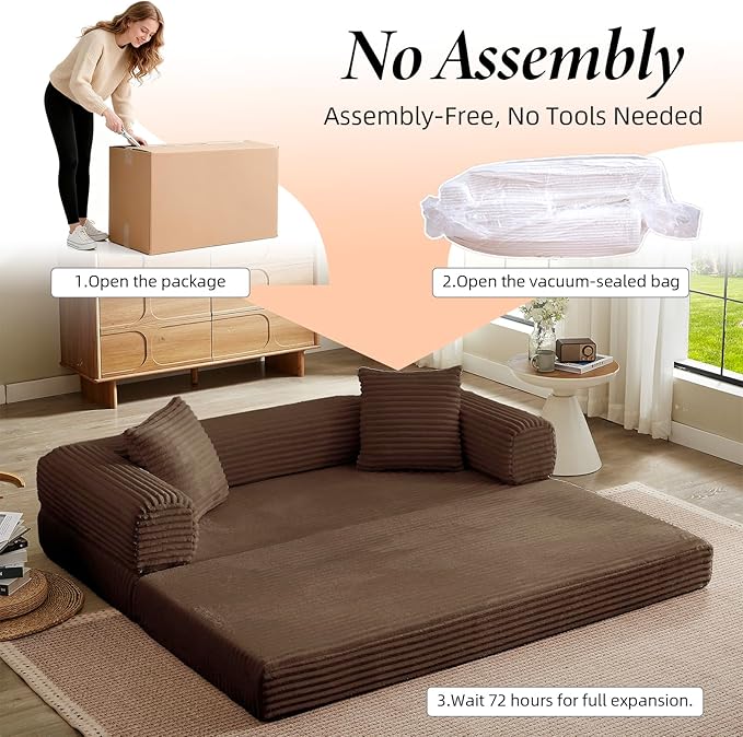 4-in-1 Convertible Folding Sleeper Sofa Bed, Fold Out Floor Sofa Couch with Fixed-Shape Frame, Cloud Corduroy Foldable Mattress Couch for Living Room Bedroom (78" Corduroy, Dark Brown)
