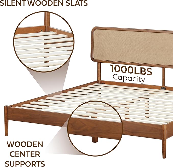 NTC Lupin Wooden Bed Frame with Headboard, Crafted from Walnut, Rubber Wood with Silent Slats and Wood Central Supports, 1000 Lb Capacity, Effortless Assembly, King - Dark Walnut