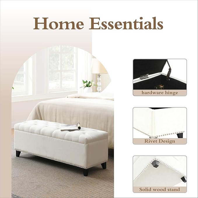 47.5“ Storage Ottoman Bench, Upholstered Button-Tufted End of Bed Bench with Soft-Close Hinge & Solid Wood Legs, Foot Rest for Living Room, Bedroom, Hallway (Linen, White)