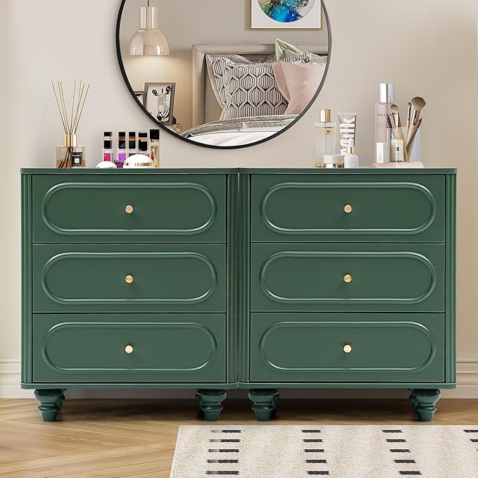 3 Drawer Fluted Dresser for Bedroom Set of 2, Mid Century Modern Chest of Drawers, Wood Storage Small Dresser Organizer for Bedroom Living Room Hallway Closet, Green