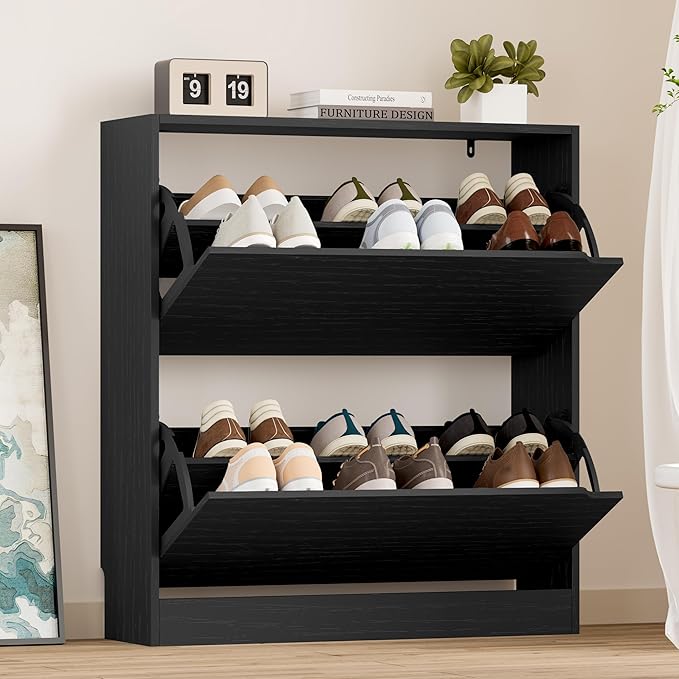 Shoe Cabinet with 2 Flip Drawers, Slim Narrow Shoe Storage Cabinet, Freestanding Shoe Organizer with Adjustable & Removable Shelves, Top Display Shelf for Entryway, Hallway, Foyer, Closet