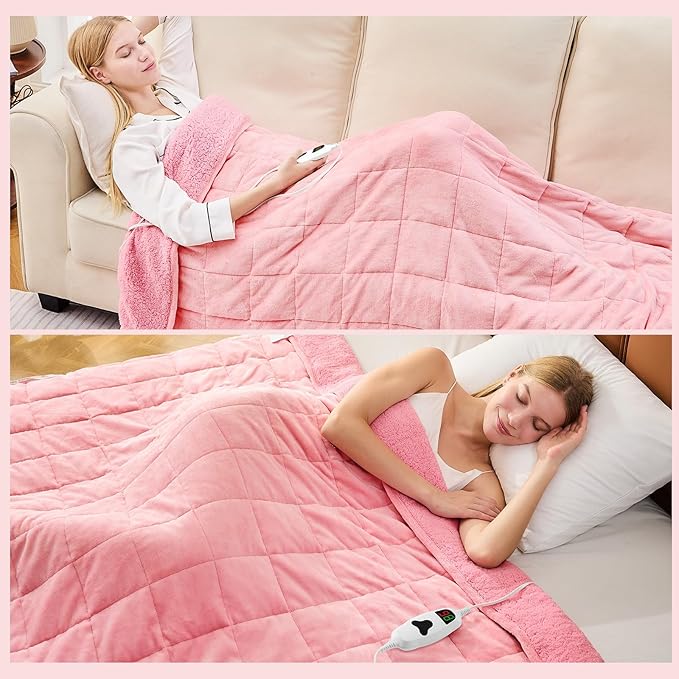 CYMULA Heated Weighted Blanket for Adults, Weighted Heated Blanket 48" x 72", 15lbs Sherpa Fleece Weighted Electric Blanket Soft Heating Blanket with 10 Heating Levels & 1-8 Hours Auto Off, Pink