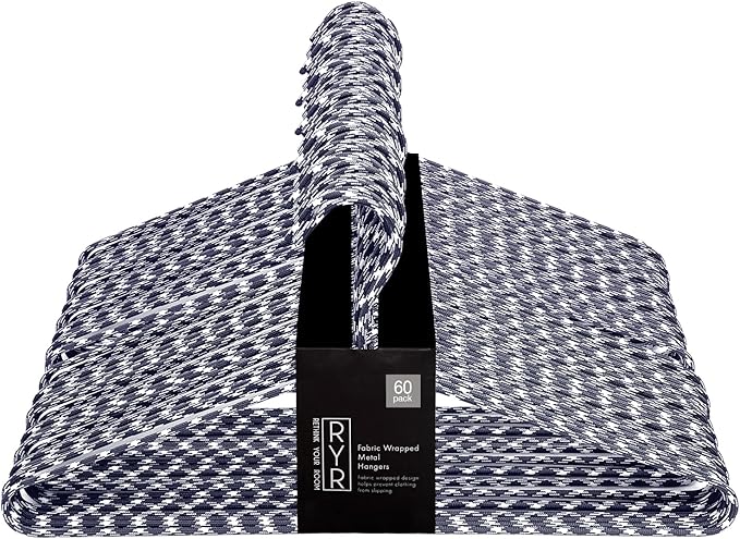 Clothes Hangers 60 Pack Stylish Fabric Wrapped Metal, Space Saving Coat, Velvet, Pant Hangers for Closet Organization, Durable Non-Slip, Navy/White Wardrobe Essentials Bulk Storage