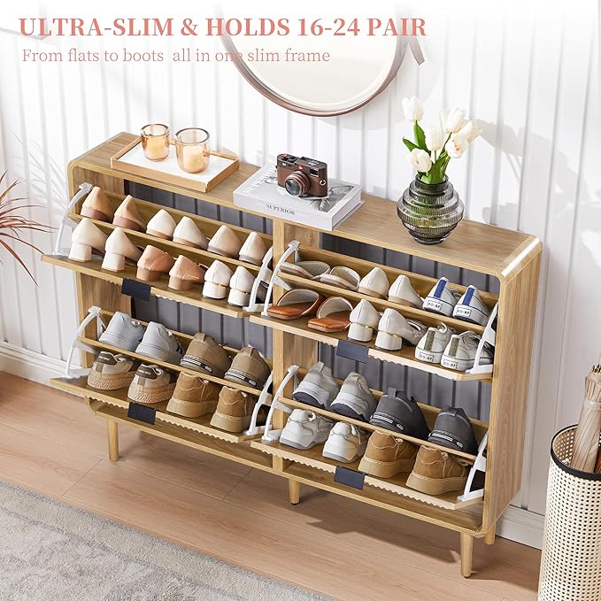 Turtle&Myrtle Narrow Fluted Shoe Cabinet for Entryway, Slim Hidden Shoe Rack, Wooden Freestanding Shoe Storage Organizer with 4 Flip Drawers, Hallway, Living Room, Foyer (Natural)