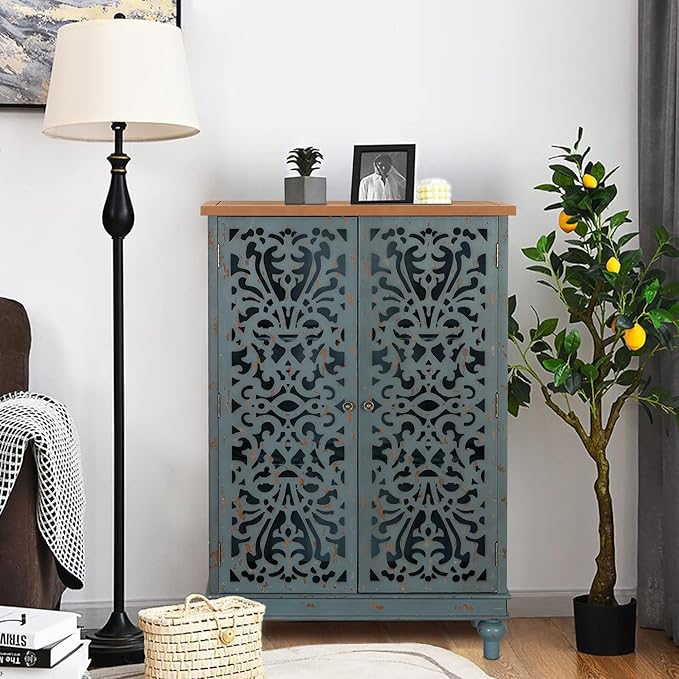 PHI VILLA Tall Accent Cabinet with Doors - Credenza for Living Room Farmhouse Storage Cabinet with Hollow Carved Door, 2 Door Accent Cabinets