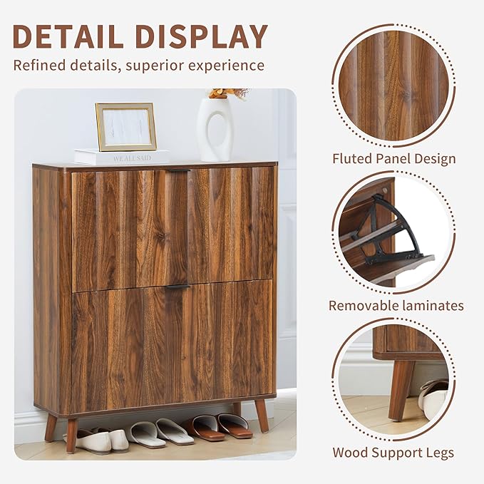 31.5” Fluted Shoe Cabinet Storage with 2 Flip Drawers,Narrow Freestanding Shoe Storage Organizer,Slim Shoe Rack Cabinet for Entryway,Hallway (Walnut)