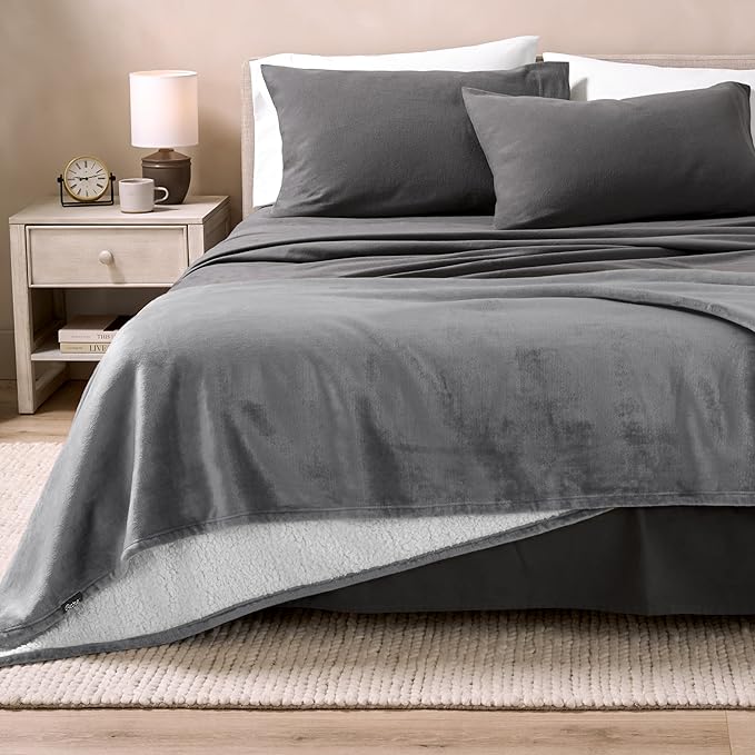 Bare Home Sherpa Fleece Blanket - Full/Queen Size - Blanket for Bed, Sofa, and Couch - Warm & Lightweight - Fluffy & Soft - Reversible (Full/Queen, Grey)