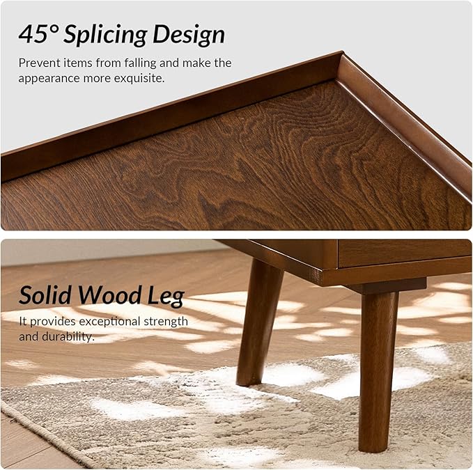 HULALA HOME 2 Drawer End Table with Pull-Out Shelf, Mid-Century Modern End Table with Wood Legs, Wood Side Table with Charging Station(Walnut, Set of 2)