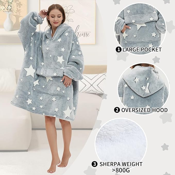 Glow in The Dark Wearable Blanket Hoodie for Adult,Oversized Sherpa Fleece Blanket Hoodie for Women Men,Luminous Stars