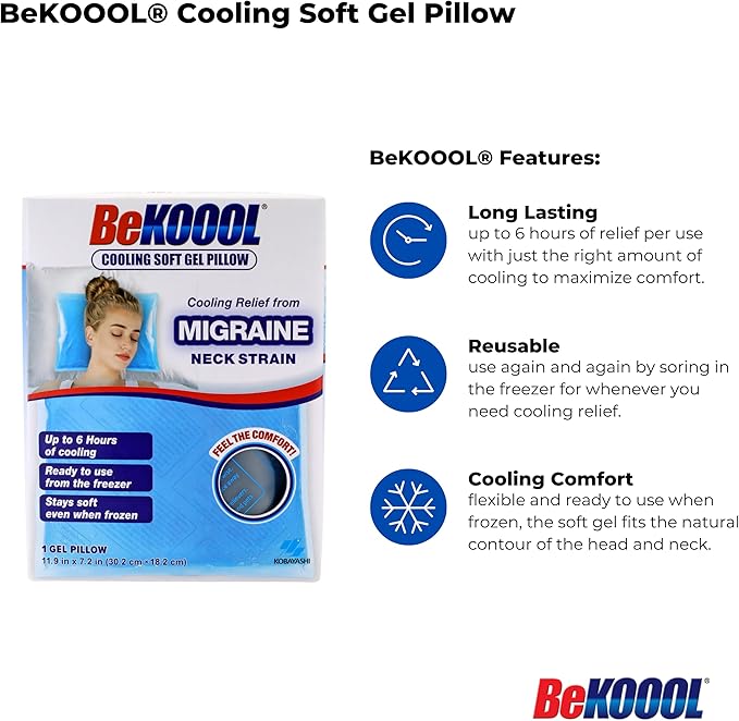 BeKOOOL Cooling Soft Gel Pillow - Reusable Cooling Relief from Migraines, Neck Strain and Fever - Up to 6 Hours of Cooling, Ready to Use, Stays Soft When Frozen