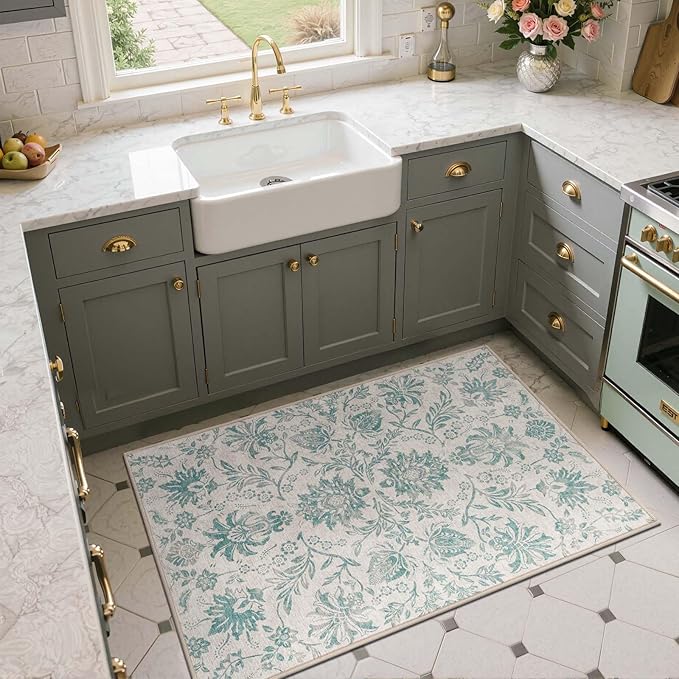 jinchan Torino 3x5 Area Rugs for Entryway Vintage-Inspired Floral Design Machine Washable Non-Slip Low-Pile Rug Ultra-Thin Indoor Traditional Accent Carpet for Entrance Kitchen Bedroom Hallway