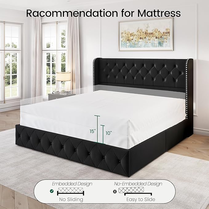LARMACE King Size Bed Frame with 4 Storage Drawers and Tufted Headboard Velvet Upholstered Platform Bed Frame Wingback Beds with Wooden Slats Support, Easy Assembly, Black