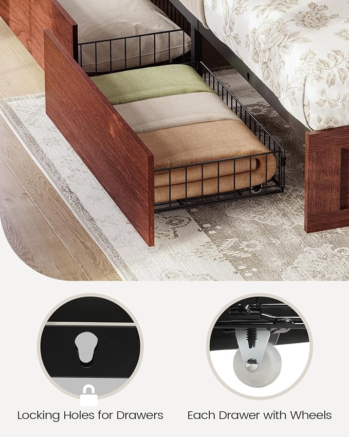 AOGLLATI Farmhouse King Bed Frame Bed Frame with 4 Storage Drawers and Led Lights, Wooden King Bed with Hidden Space Bookcase Headboard and Led Lights & Metal Slats, Mahogany