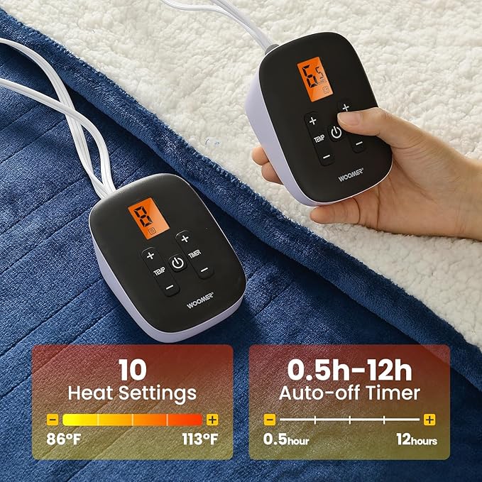 WOOMER Heated Blanket King Size,Durable Flannel and Soft Sherpa,Dual Control,90” × 100” Electric Blanket, 10 Heat Levels&0.5-12h auto-Off, Overheat Protection,Energy Efficient