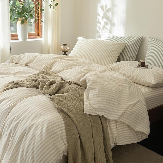 FOSSA Striped Duvet Cover Set 100% Washed Cotton Linen Feel Super Soft Breathable Cozy 3 Pieces Bedding Sets Almond Milk Grey Classic Stripes King