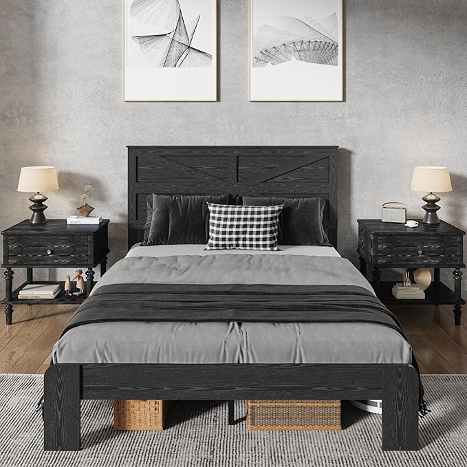 Queen Size Bed Frame with Farmhouse Headboard, Rustic Wooden Bedframe with LED Lights and Charging Station, Easy Assembly, No Box Spring Needed (Black, Queen)