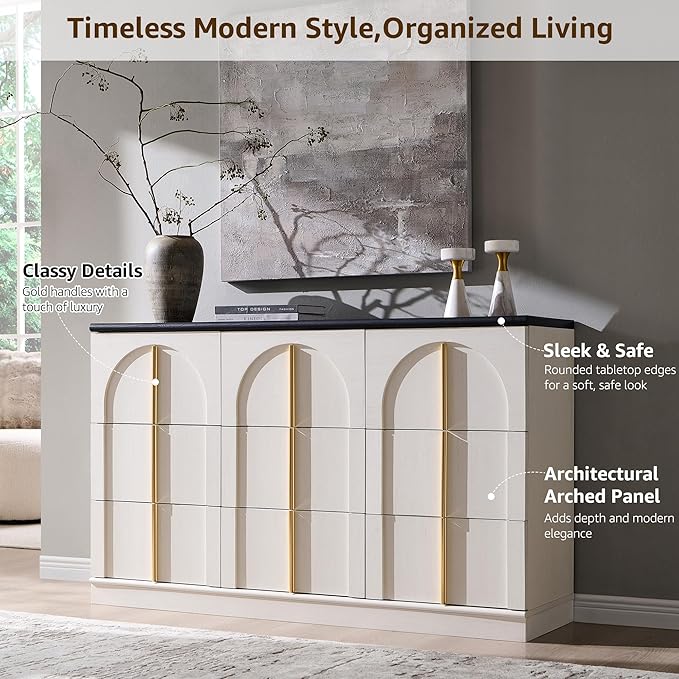 ACCOHOHO Arched Dresser for Bedroom with 9 Drawers, 52" Wide Modern Chest of Drawers with Rounded Edge & Metal Handles, Wood Storage Closet Dressers TV Stand for Living Room, Hallway, White