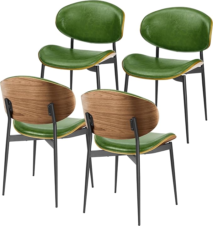 Art Leon Dining Chairs Set of 4, Walnut Bentwood, Mid Century Modern Chair, Green Faux Leather Kitchen Dining Room Chairs with Black Metal Legs, Accent Chairs for Bedroom