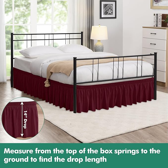 Biscaynebay Wrap Around Bed Skirts with Split Corners for King Beds 14" Drop, Burgundy Elastic Dust Ruffles Adjustable Easy Fit Wrinkle & Fade Resistant Silky Luxurious Fabric Machine Washable
