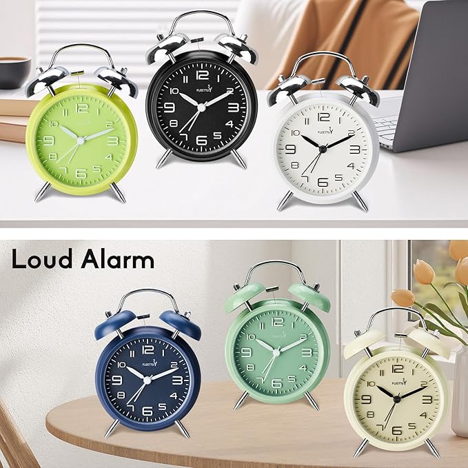 (Loud Alarm for Deep Sleepers 4'' Twin Bell Alarm Clock, Stereo Digital Dial Alarm Clock with Backlight for Bedroom and Home Decoration(Nautical Blue)