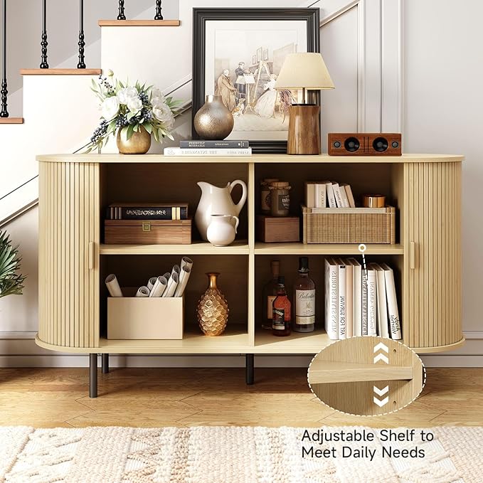 ONBRILL 55" Sideboard Buffet Cabinet with Storage, Sliding Door & Adjustable Shelf, Modern Accent Coffee Bar Console Table for Kitchen, Entryway, Oak