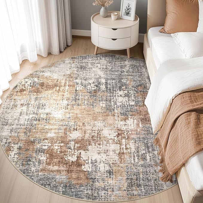 6ft Round Area Rug Living Room Rugs - 6x6 Washable Large Soft Indoor Neutral Modern Abstract Low Pile Rug Carpet for Bedroom Dining Room Farmhouse Home Office - Grey Brown