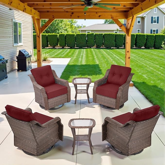 Belord Luxury 6-inch Thick Cushion Patio Furniture Set - Outdoor Swivel Rocker Glider Chairs Set of 4 with Glass Top Side Table, All-Weather Wicker Patio Conversation Set for Deck Balcony Sunroom