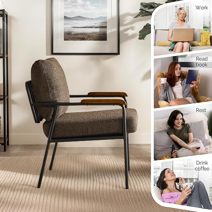 VINGLI Mid-Century Modern Accent Armchiars Set of 2 for Small Space, Small Comfy Upholstered Leisure Reading Chairs with Wood Armrests for Bedroom, Living Room, Waiting Room, Linen Expresso
