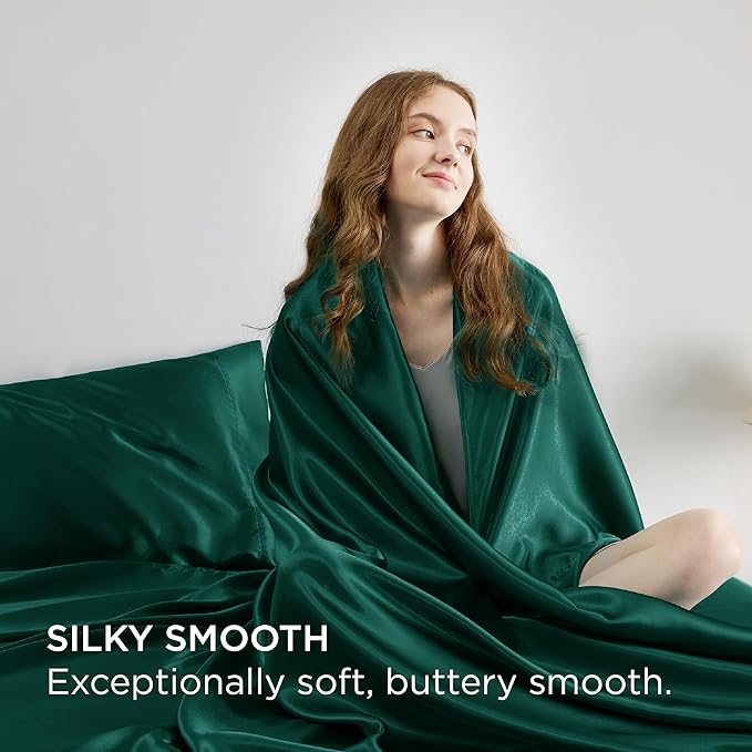 Bedsure Satin Sheets King Size - 4 Piece Silky Bedsheets with 15 Inches Deep Pocket Fitted Bedsheet,1 Flat Sheet, 2 Satin Pillowcases, Good for Hair & Skin (King, Dark Green)