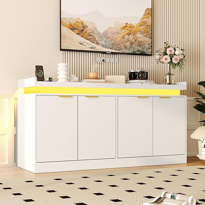 LED Sideboard Buffet Cabinet with Storage, 63'' Large Kitchen Buffet Cabinet Storage Cabinets with 4 Doors, Wood Coffee Bar Cabinets Buffet Table for Kitchen, Dining Room, Entryway