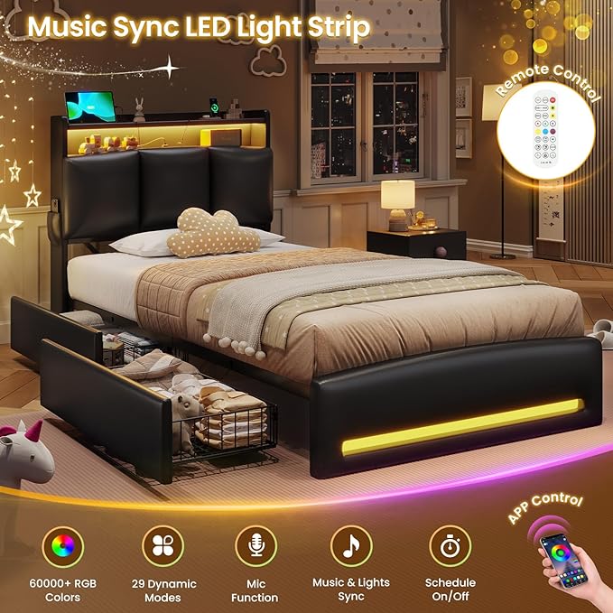 VIAGDO Twin Bed Frames with Storage Headboard and Charging Station, Leather Upholstered Bed Frame Twin Size with 4 Drawers and LED Lights, Type C and USB, No Box Spring Needed, Black