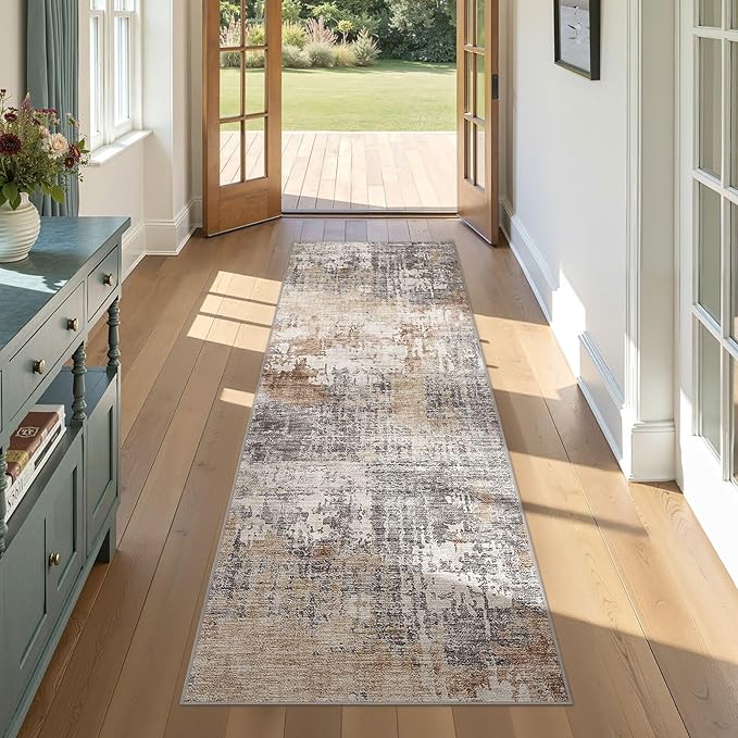 Washable Runner Rug for Hallway: 2x6 Neutral Modern Abstract Low Pile Area Rug with Non-Slip Backing - Carpet for Bedroom Kitchen Laundry Entryway Bathroom Indoor - Grey Brown