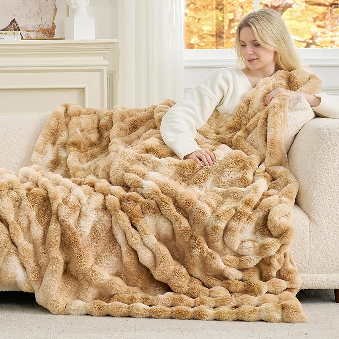 Cozy Bliss Faux Fur Throw Blanket for Couch, Fuzzy Soft Plush Thick Striped Blanket for Sofa Bedroom Living Room, 50 * 60 Inches Tie-dye Khaki