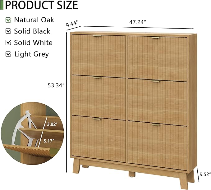 Shoe Cabinet with 6 Flip Drawers, 54" Tall Narrow Fluted Shoe Storage Organizer for Entryway, Hidden Slim Wooden Shoe Rack Cabinet for Front Door Entrance, Hallway, Living Room, Natural Oak