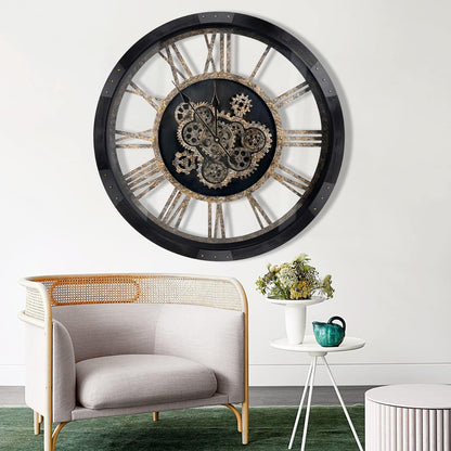 DORBOKER 36" Extra Large Wall Clock with Moving Gears, Oversized Giant Industrial Steampunk Rustic Clocks for Wall Decor Living Room Home Office, Solid Wood Vintage Black and Bronze Gears