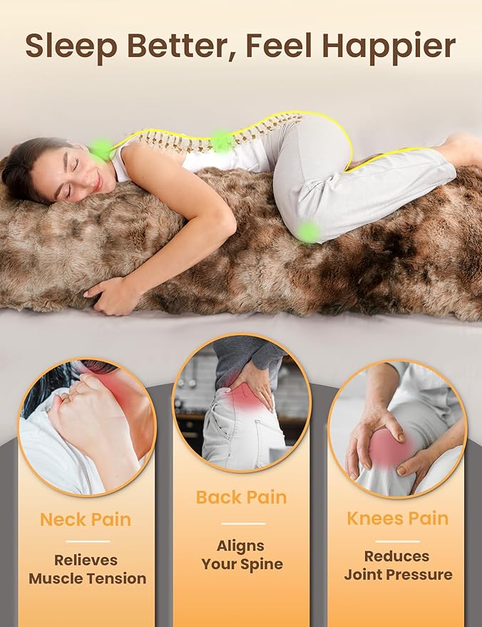 ZonLi Fluffy Bubble Body Pillow – Faux Rabbit Fur Long Pillow for Sleeping & Lounging, 20x54 inch Cozy Dual-Sided Plush Pillow with Adjustable Memory Foam Filling & Washable Cover, Brown