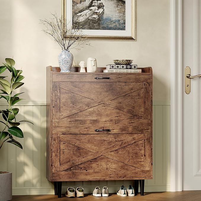 VINGLI Shoe Storage Cabinet for Entryway with 2 Flip Drawers, Ultra Slim Freestanding Entryway Shoe Organizer with Wood Tapered Legs,Hidden Closed Shoe Rack,31.6" W * 9.4" D * 39.4" H, Rustic Brown