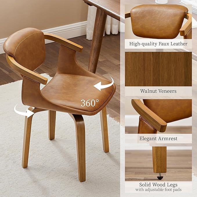 Art Leon Swivel Dining Chairs Set of 2 - Mid Century Modern Kitchen Dining Room Chairs, Faux Leather Chair No Wheels, Retro Brown