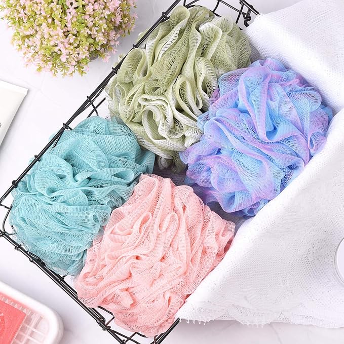 BTYMS 4 Pieces Shower Loofahs Large Bath Sponge 75g Mesh Pouf Wash Puff Shower Poof Body Loofas for Bathing
