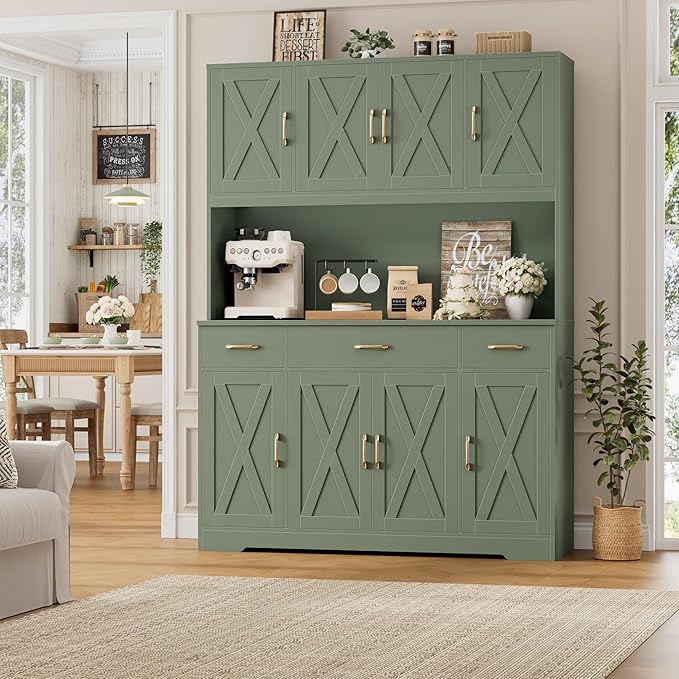 HOSTACK 71" Tall Pantry Cabinet with Charging Station, 55" Wide Kitchen Pantry Storage Cabinet with Countertop, Large Kitchen Hutch with Storage Drawers and Doors for Dining Room, Living Room, Green