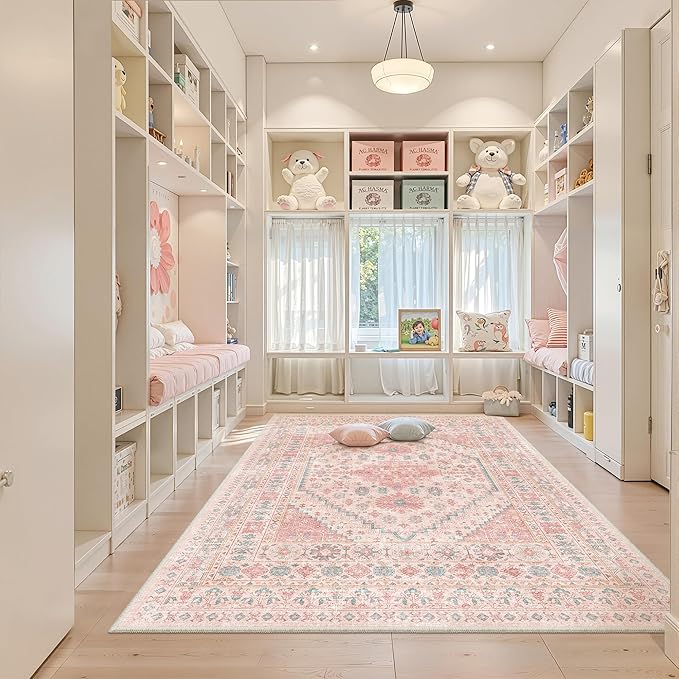 zesthome Pink Rug - 5x8 Area Rugs for Bedroom, Stain Resistant Washable Rugs for Nursery Room, Living Room, Home Decor, Girls Rug (Pink/Blue,5'x8')