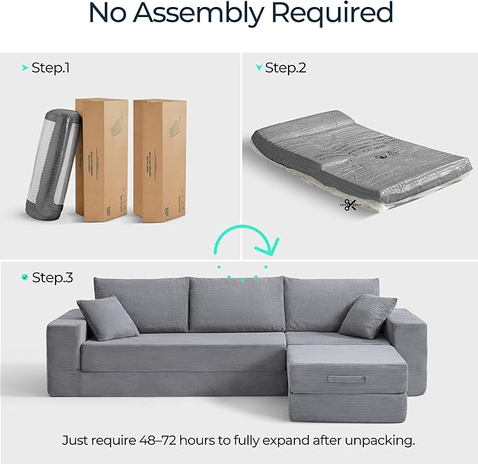 LINSY HOME Convertible Sofa Bed with 2 Pillows & Ottoman, Boneless Couch Folding Modular Sectional Sleeper Sofa, L Shaped Sofas Corduroy Couch Bed Compression Sofa for Living Room Apartment, Grey