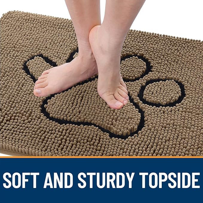 OLANLY Dog Door Mat for Muddy Paws 48x30, Paw Print Design, Absorbs Moisture and Dirt, Absorbent Non-Slip Washable Doormat, Quick Dry Chenille Mud Mat for Dogs, Entry Indoor Entryway Carpet, Tan