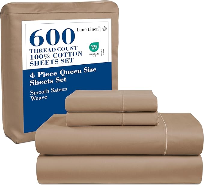 Lane Linen 100% Cotton Bed Sheets – 600 Thread Count Cooling Sheets Queen, Durable Daily Use Bedding, Value Comfort for Nightly Rest, Hotel Sateen Finish, Snug Fit 15" Deep Pocket Fitted Sheet – Taupe