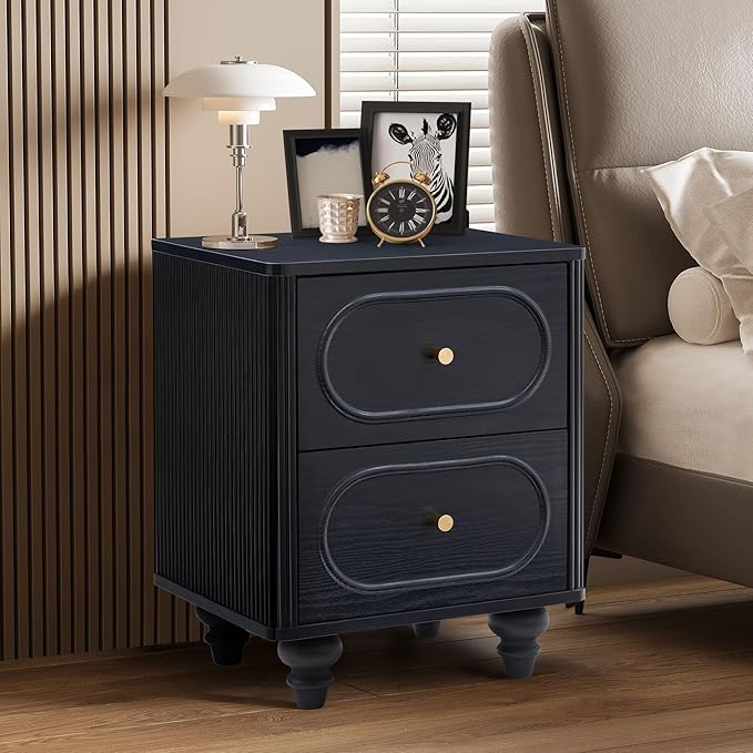 2 Drawer Fluted Mini Small Dresser for Bedroom Set of 2, Mid Century Modern Nightstand Bedside End Table, Wood Storage Dresser Organizer for Bedroom Living Room, Black